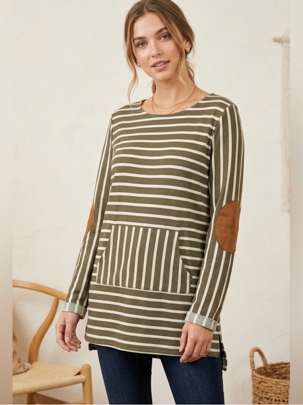 Ella Mara Olive Striped Tunic with Elbow Patches – NIB Size Large